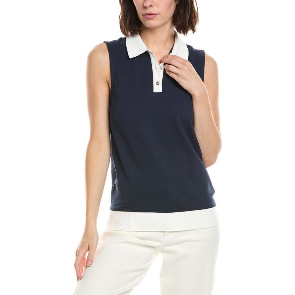 Stella Parker Womens Tippi Contrast Collar Sleeveless Polo Shirt, Navy